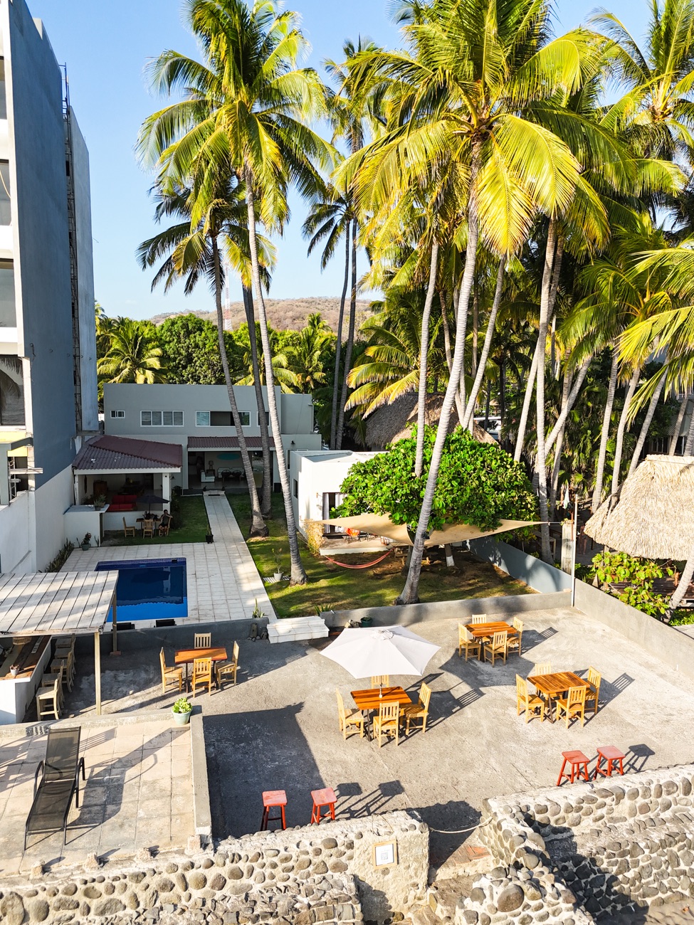 Palm-filled courtyard seen from above